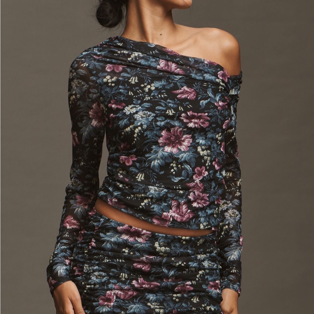 Anthropologie Floral Off-Shoulder Blouse - Black, Blue, Pink